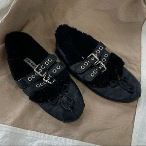 MIUMIU Shearling Fur Belted Ballet Flats